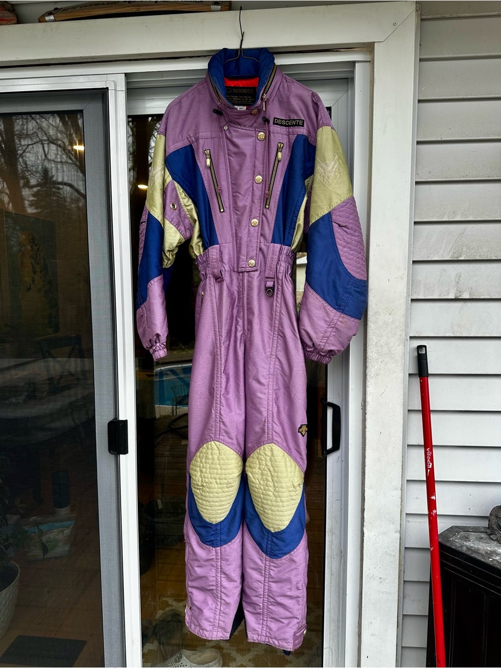 Descente Lavender One-Piece Ski Jumpsuit with Blue & Cream Panels